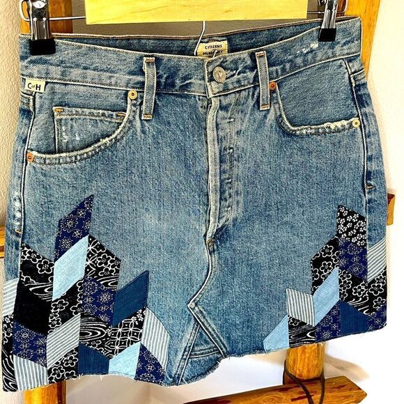 Citizens of Humanity Denim Mini Skirt, Button Fly,Patchwork,Size 27 BohoWestern - Picture 1 of 11